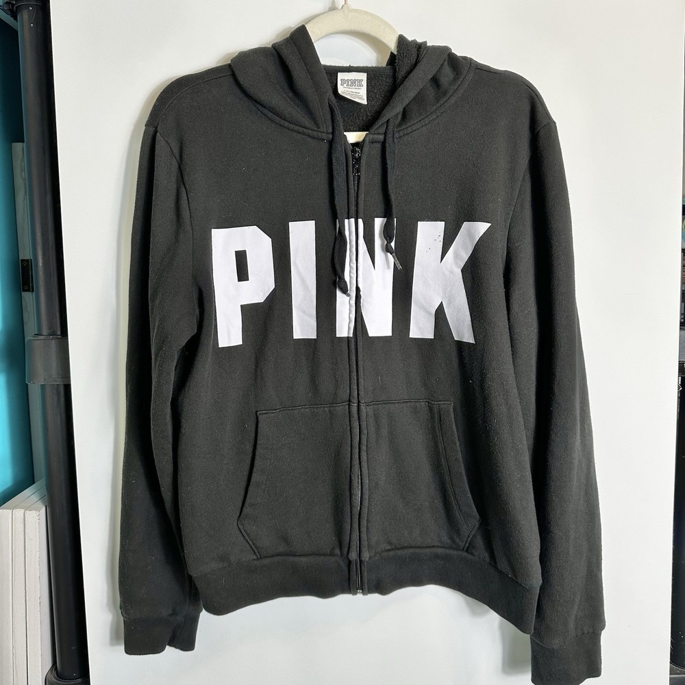 PINK Victoria's Secret Womens Size L Black Full Zip Hoodie Logo *Very Small Flaw
